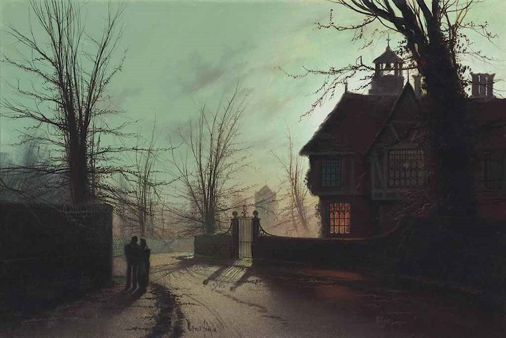 Lovers on a moonlit street by Wilfred Jenkins (British artist, lived 1857-1936). Two souls find solace in each other's company, the world hushed around them. #romantic