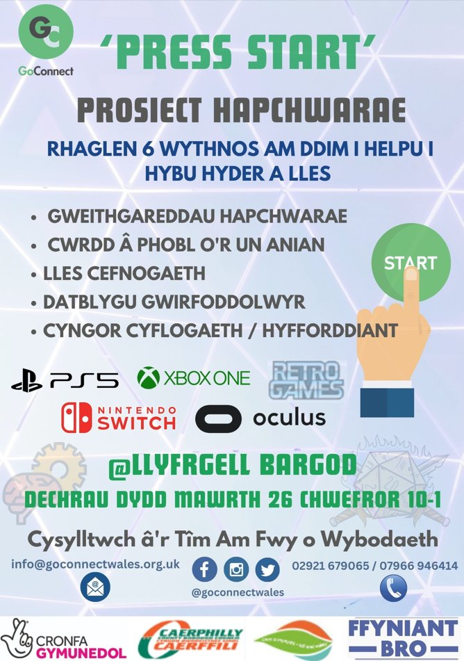 'Press Start' ▶️ sessions are being held by @GoConnectWales at #Bargoed Library each Tuesday until the 30th of April, to help boost people's social engagement and confidence through #gaming 🎮 📚 @BargoedLib 🕙 Tuesday's, 10am -1 pm! #CyberCSO 🛡️💙 @CaerphillyCBC @GPCaerphilly