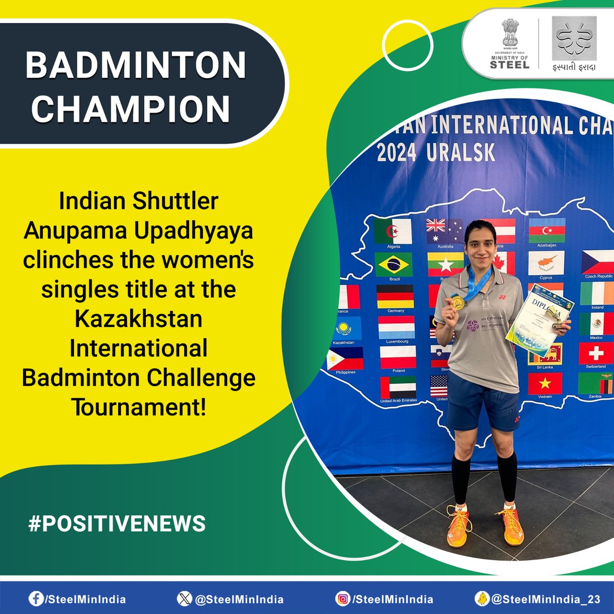 Indian badminton ace, #AnupamaUpadhyaya, showcased her prowess & clinched the Women's singles title at the #Kazakhstan International Badminton Challenge Tournament. Congratulations on this fantastic victory! 🇮🇳🏸🏆 #PositiveNews #BadmintonChampion #ProudMoment