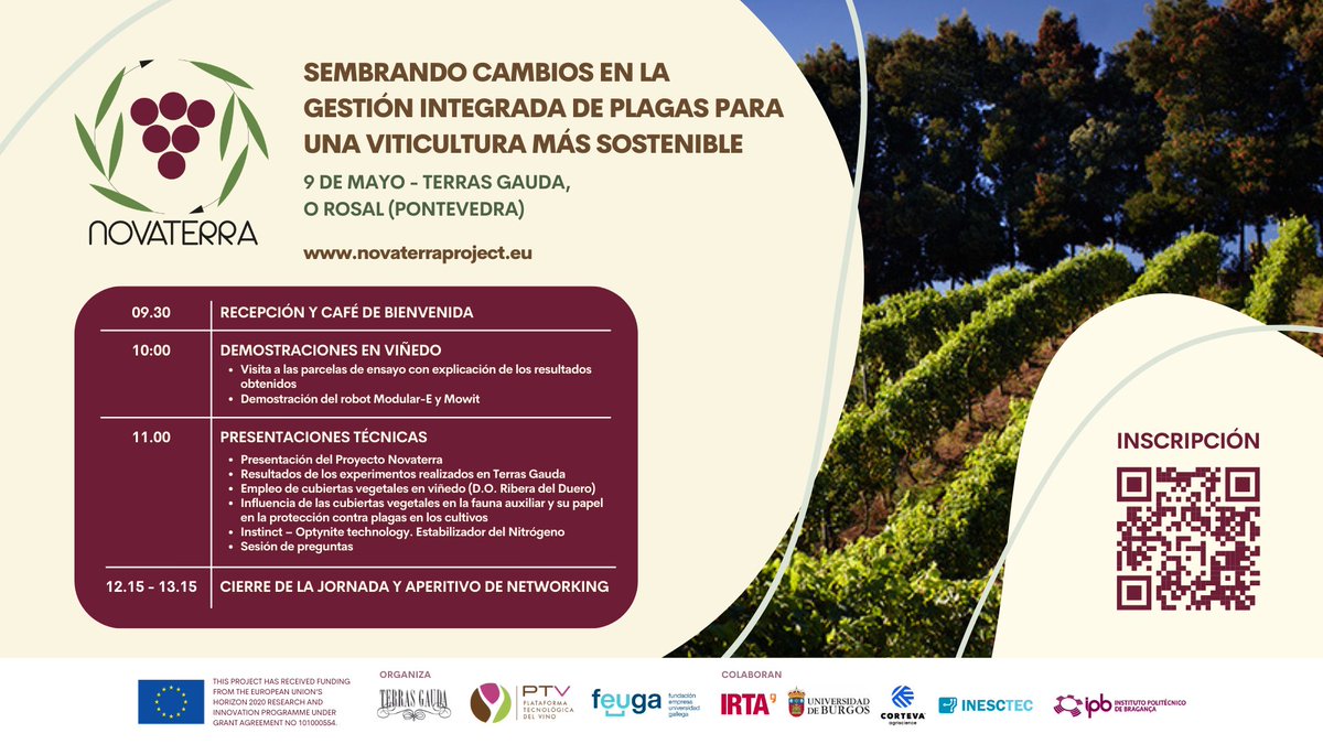 🗓️9 de mayo, de 9.30 a 13.15h. Evento 'Sembrando cambios en la gestión integrada de plagas para una viticultura más sostenible' del proyecto @NOVATERRA19 en @TerrasGauda Registro: 🔗docs.google.com/forms/d/e/1FAI… Proyecto financiado por el H2020 de @EU_Commission GA 101000554