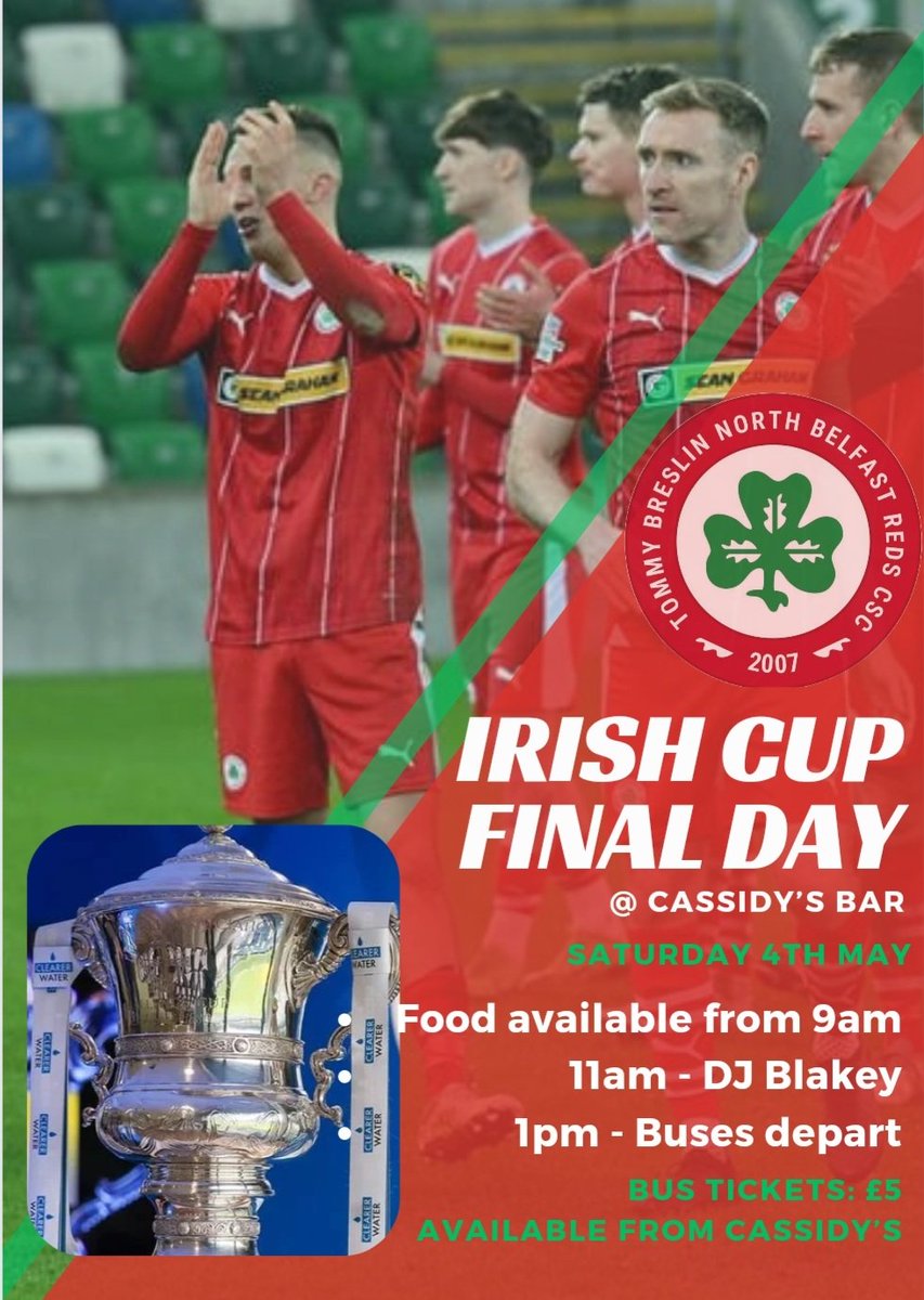 Cup Final Bus tickets now available from Cassidy's Bar. Bus tickets can also be paid for online and collected on Cup Final Day. Please message for details. You Reds ☘️