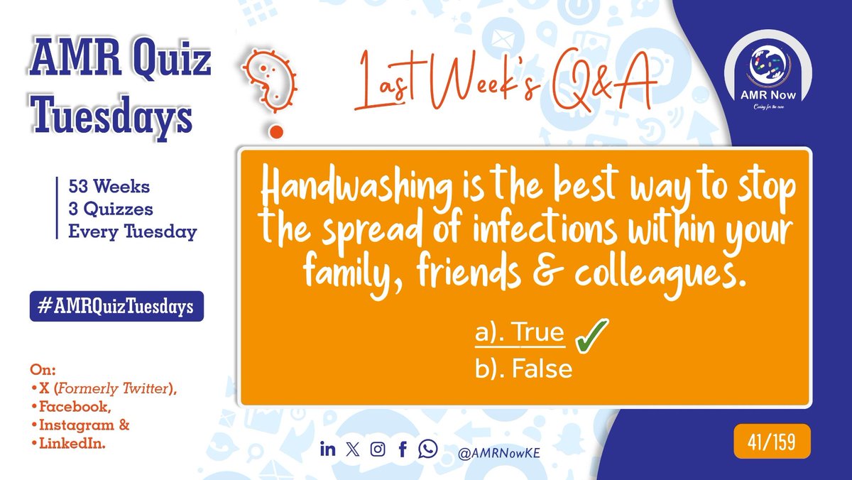 💡#AMRQuizTuesdays

Last week's(Week 14) Q&A: 😊 Did you get it right? 

Read Why Hand washing by @CDCgov 👇🏽

cdc.gov/handwashing/wh… 

📍Stay tuned today for the next quiz.
#AntimicrobialResistance
#AMRNow
#ActNow