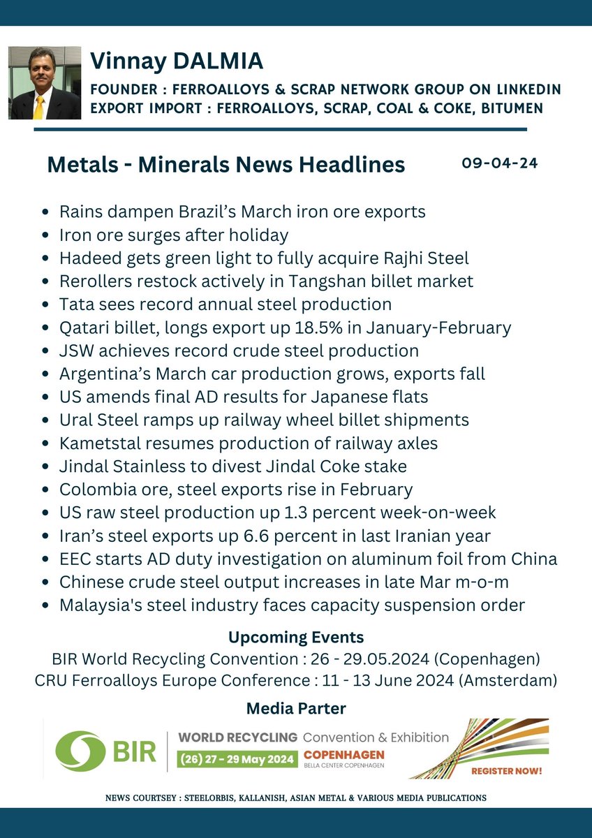 Metals - Minerals News Headlines

#metal #mineral #iron #steel #scrap #copper #ferrous #ores #zinc 

@SteelMinIndia @sajjanjindal @BIRworld @mrai_india @Kallanish @MetalExpert @EY_MiningMetals @ArgusMedia @JM_Scindia @SanmargHindi @PTI_News @Neha_1007 @Manisha3005
