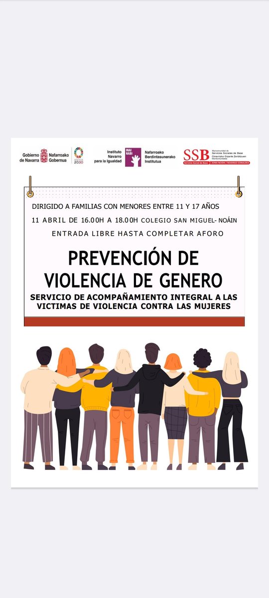 📢📢 RECORDAMOS 📢📢 
Prevención de violencia de género.

🗓️ 11 de abril 
🕝 16:00/18:00
🏫 CP San Miguel- Noáin