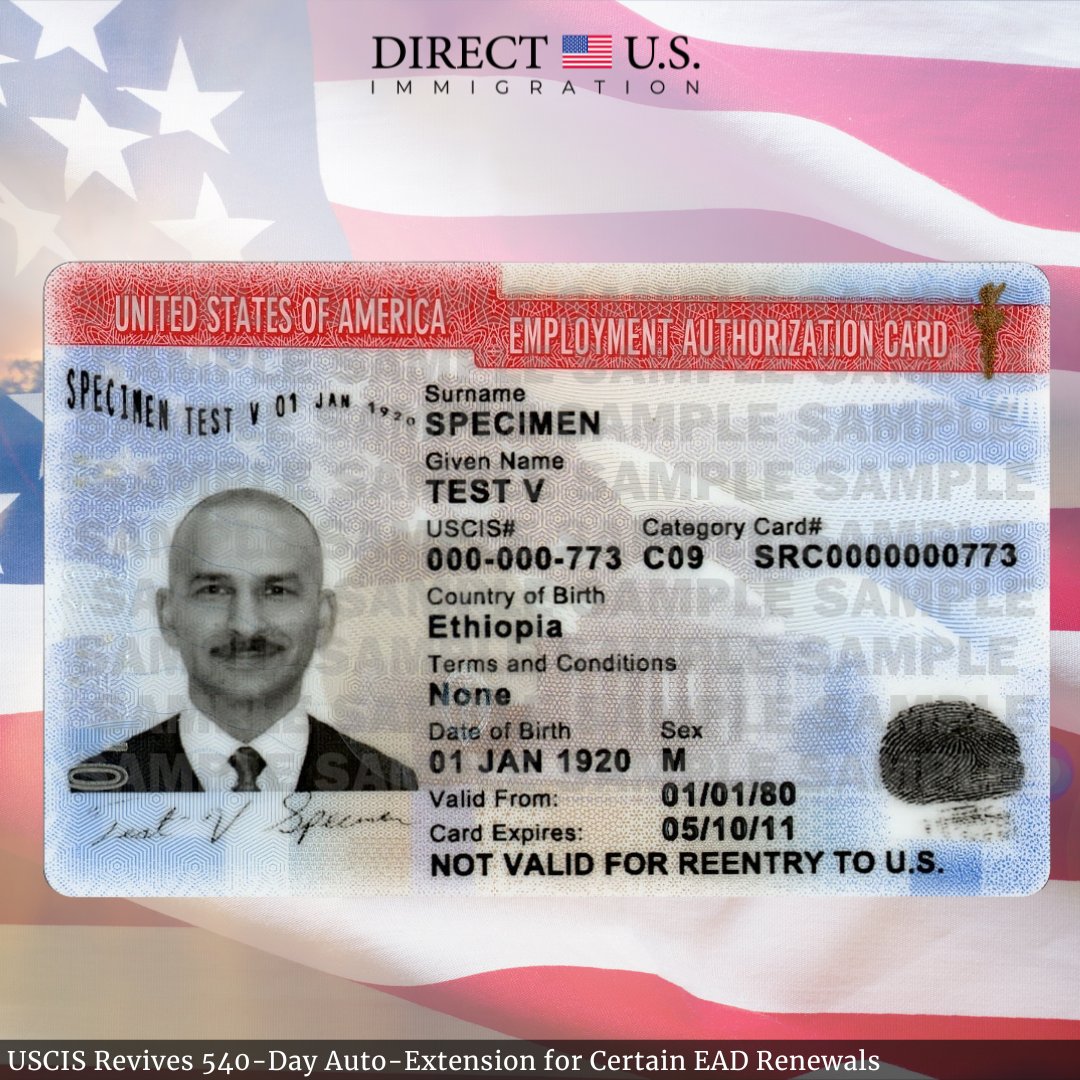 🇺🇸USCIS will again temporarily increase the automatic extension period of expiring Employment Authorization Documents (EADs) for certain EAD renewal applicants, from the current maximum of 180 days to a temporary new maximum of 540 days from the expiration date stated on the EAD.