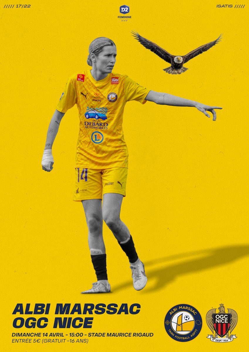 amtf_asptt's tweet image. Issa Albi Marssac ! 💙💛

Dimanche, réception de l'OGC Nice pour la 17ème journée du championnat. Rendez-vous à 15h00 au stade Maurice Rigaud ! ⚔️

🎟️ Entrée 5€ (gratuit -16 ans)
Billetterie en ligne ➡️ bit.ly/48eHBW8

#AMTF #PlusFortsEnsemble #D2F