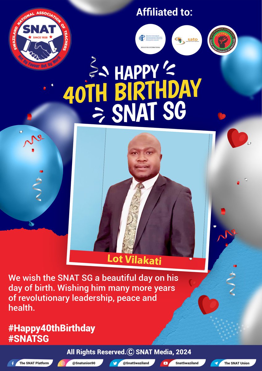 Today (09-04-2024), we join the SNAT SG-Lot Vilakati in wishing him a beautiful birthday. We wish the SG more years of revolutionary leadership, peace and health. We're led!! #Happy40thBirthday #SNATSG