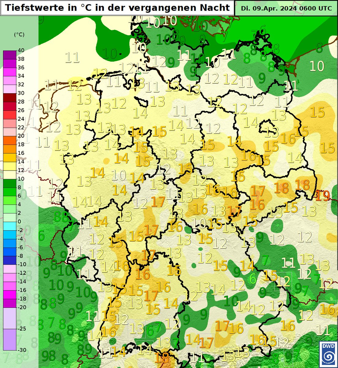 In der vergangenen Nacht war es verbreitet wieder sehr mild. Spitzenreiter mit dem höchsten Minimum war Kubschütz bei Bautzen (Sachsen) mit 17,9 °C. Während im Westen des Landes die heutigen Höchstwerte oft schon am Morgen erreicht wurden, gibt es im Osten nochmals bis 29 Grad./V