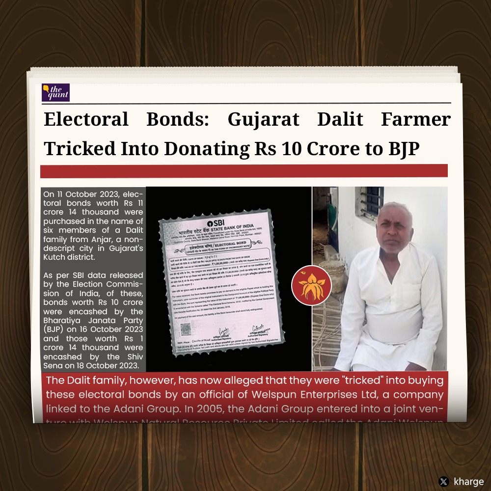 Bhrashtachaari Janata Party’s #PayPM ! This story is about BJP's Corruption, Anti-Farmer & Anti-Dalit Mindset, Crony Capitalism - all wrapped into one! In its greed to extort money through Unconstitutional Electoral Bonds, BJP has not even spared a Dalit family in Gujarat.…