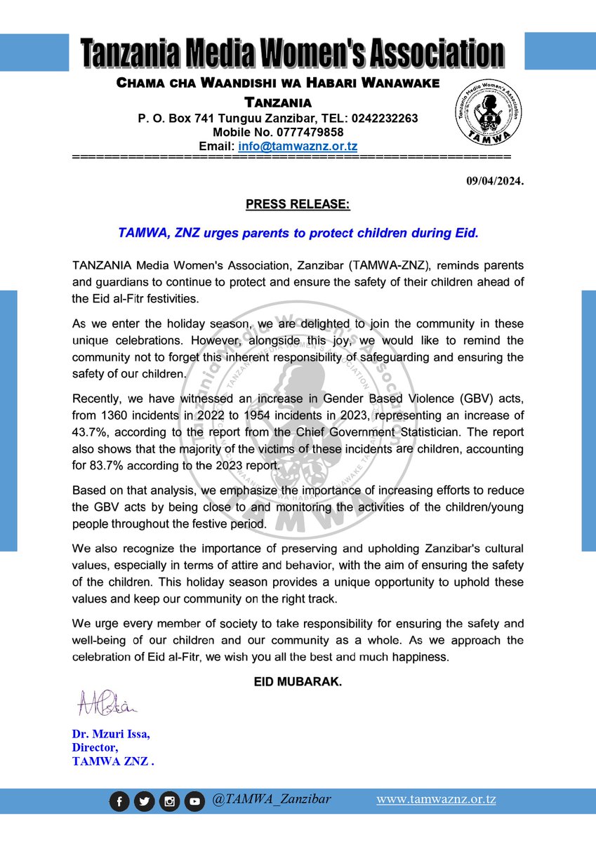 TAMWA, ZNZ urges parents to protect children during Eid. Recently, we have witnessed an increase in GBV acts, from 1,360 incidents in 2022 to 1,954 incidents in 2023, representing an increase of 43.7%. The report also shows that the majority of the victims are children's.