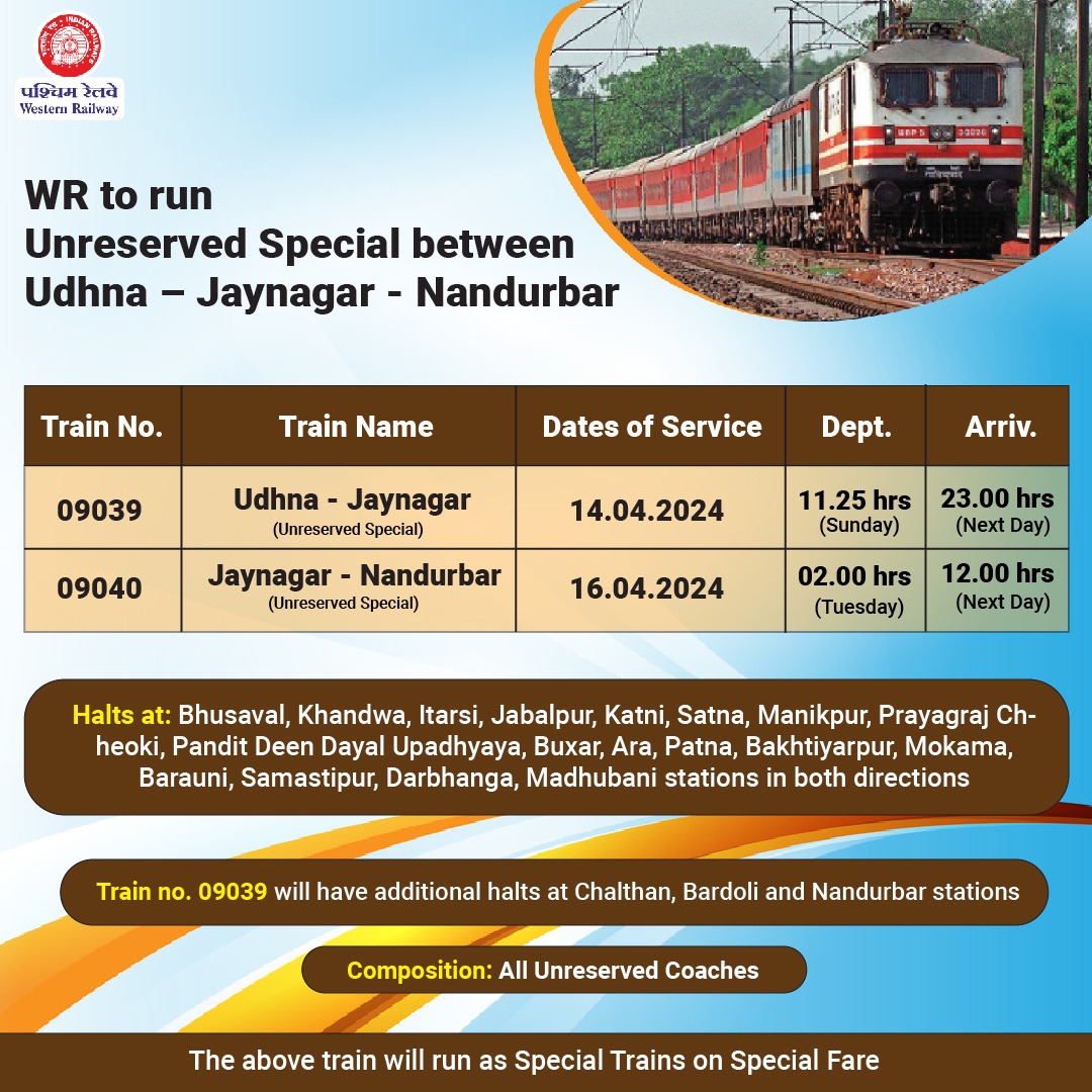 For the convenience of passengers and keeping in mind travel demands, WR has decided to run Train no. 09039/40 Udhna - Jaynagar - Nandurbar Unreserved Special Train #WRUpdates