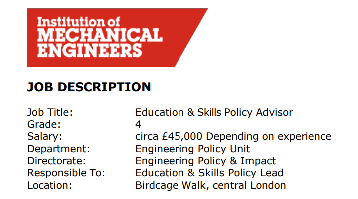 The IMechE is looking to hire an Education and Skills Policy Advisor. £45k per annum and a permanent contract. Join our growing policy team at an exciting time as we begin to implement our 2030 Strategy. #PolicyJobs