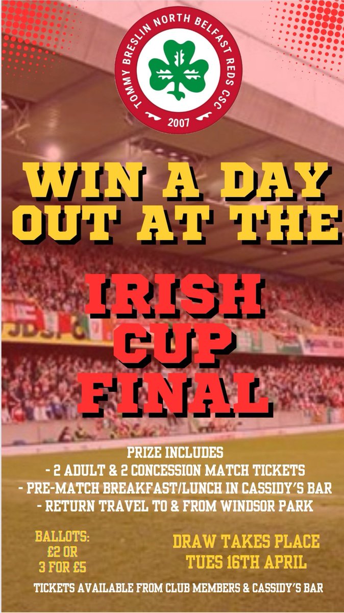 RedDiesel79's tweet image. COMPETITION TIME!!!

Prize consists of pre-match breakfast/lunch, travel &amp;amp; 2 adult 2 concession match tickets.

Ballots £2 each or 3 for £5, available from Cassidy's and club members. Can also be purchased online - message for details.

Draw will take place on Tuesday 16th April!