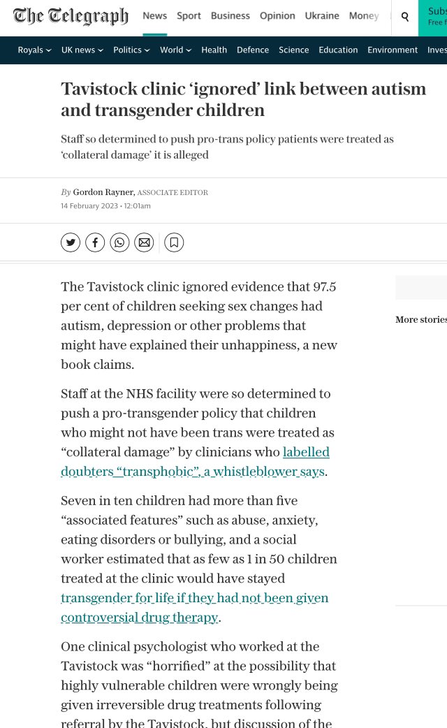 @cathy_ahf ‘The Tavistock clinic ignored evidence that 97.5 per cent of children seeking sex changes had autism, depression or other problems that might have explained their unhappiness, a new book [Time to Think, Hannah Barnes] claims.’ From 14/02/2023
#CassReview