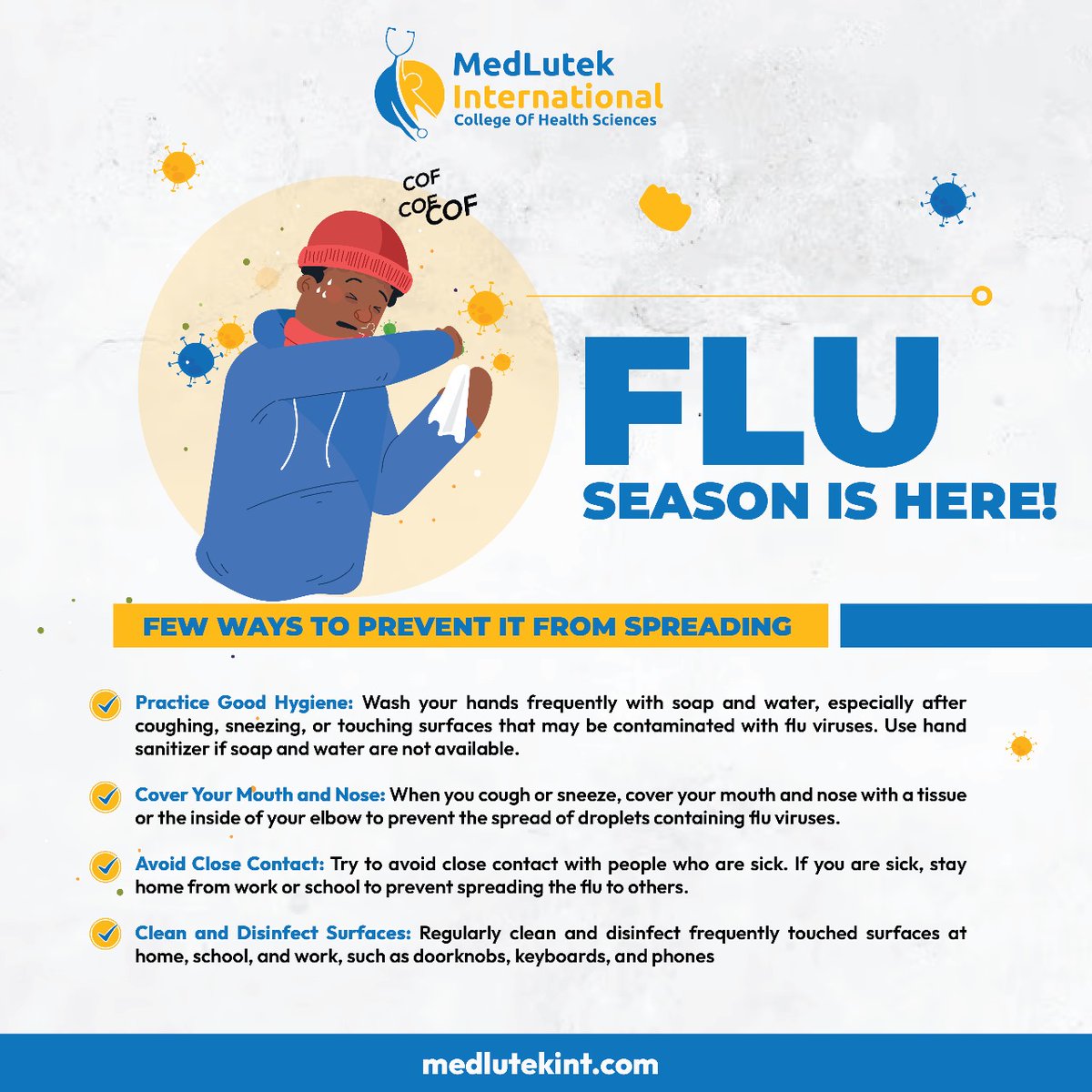 #Educationtuesday 🤒 Flu season is back! Keep it at bay with the following tips: 🧼 Wash hands frequently. 🤧 Cover coughs and sneezes. 🏡 Stay home if sick. Let's stay healthy together! #Medlutekcares #FluPrevention #StaySafe