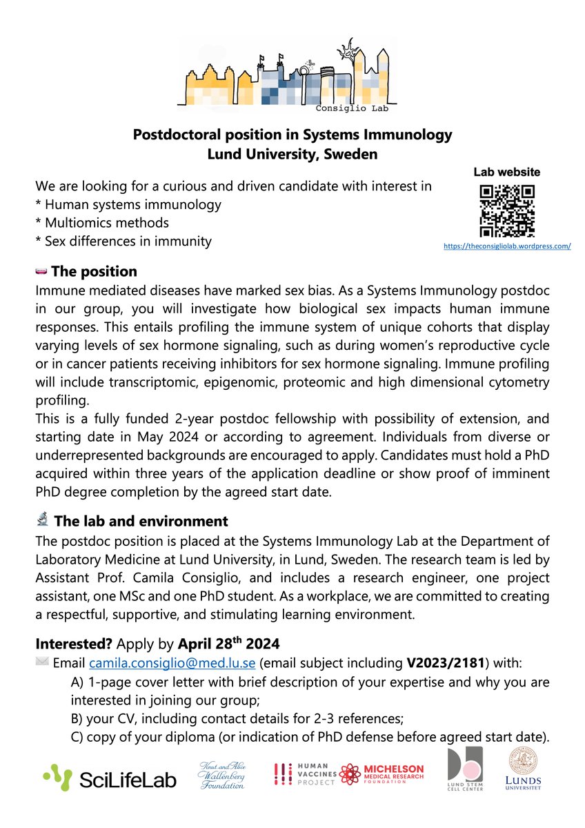 ❗️Postdoc opportunity in Human Systems Immunology at Lund University, Sweden (please RT) We are looking for a curious and driven candidate interested in * Human systems immunology * Multiomics methods * Sex differences in immunity Thread below about the position: