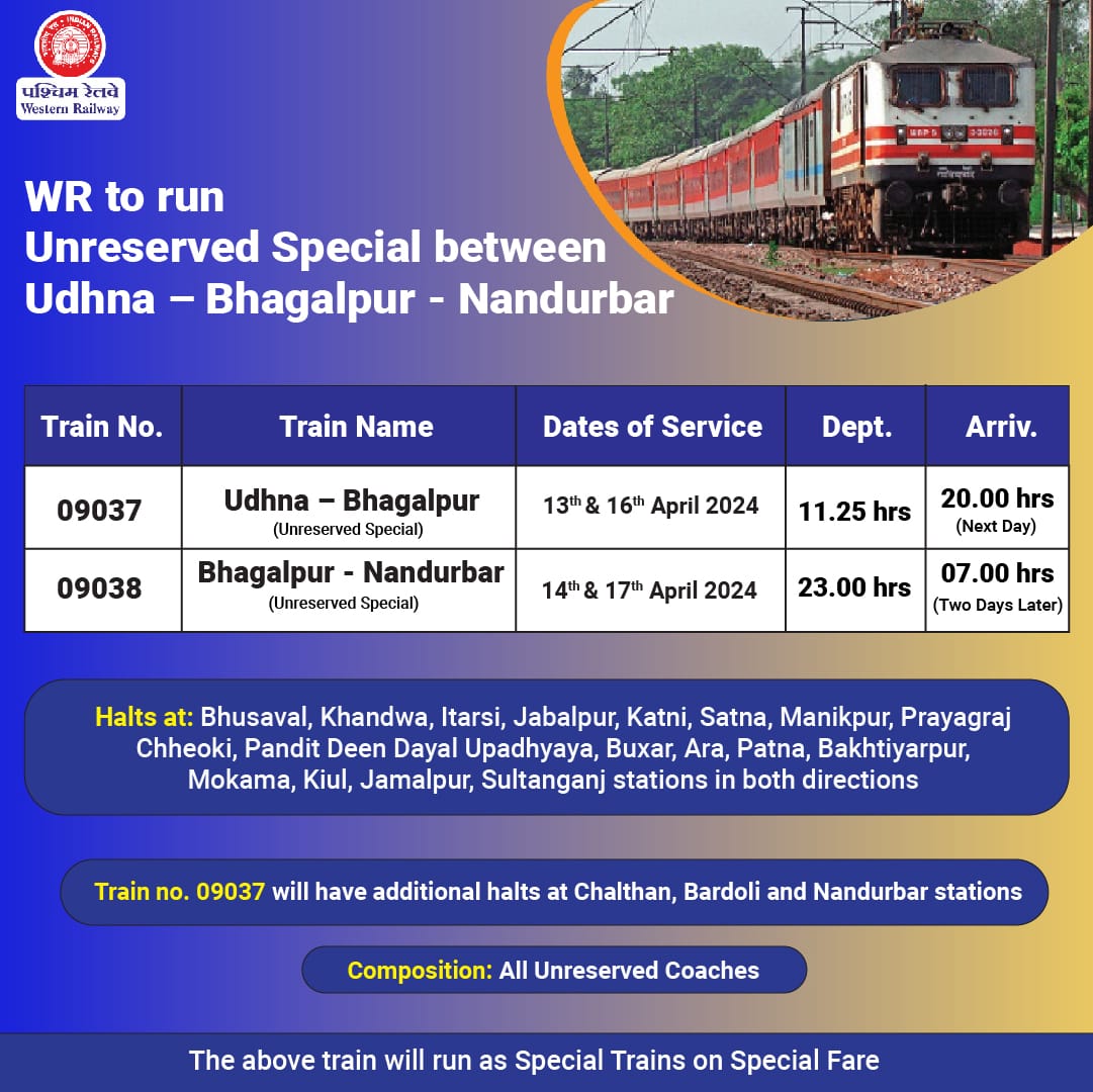 For the convenience of passengers and keeping in mind travel demands, WR has decided to run Train no. 09037/38 Udhna - Bhagalpur - Nandurbar Unreserved Special Train

#WRUpdates