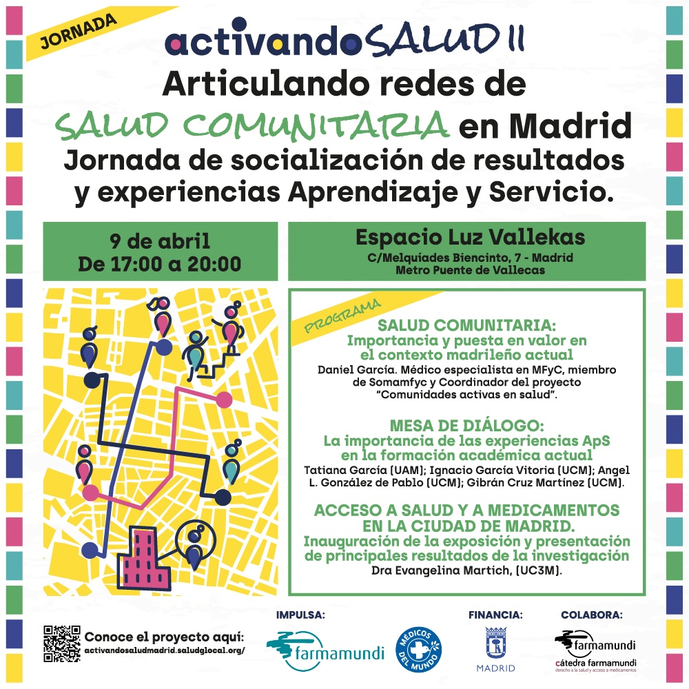 ¡Llegó el día! <a href="/MdM_Madrid/">Médicos del Mundo Madrid</a> y <a href="/farmamundi/">FARMAMUNDI</a>
te esperamos esta tarde con “ACTIVANDO SALUD: articulando redes de salud comunitaria” en Espacio <a href="/LuzVallekas/">Luz Vallekas</a>.
Hablaremos sobre el papel de la salud comunitaria y de barreras de acceso a salud #SanidadSinBarreras
 🔎activandosaludmadrid.saludglocal.org