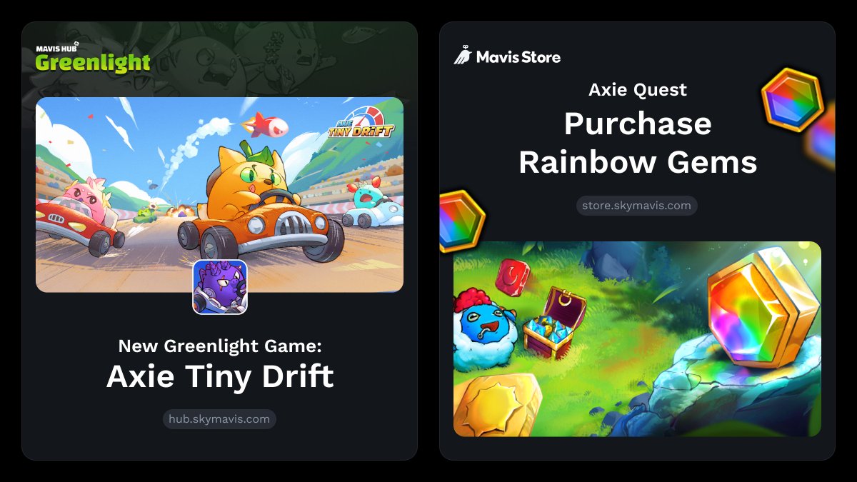 ¡Axie Tiny Drift ya está disponible en Mavis Hub Greenlight! Rainbow Gems también está disponible en Mavis Store 🌈 • Descarga Tiny Drift en Mavis Hub • Compite con TUS axies y gana hasta 1K AXP/axie al día • Compra Rainbow Gems en Mavis Store Descarga Tiny Drift 👇 🔗:…