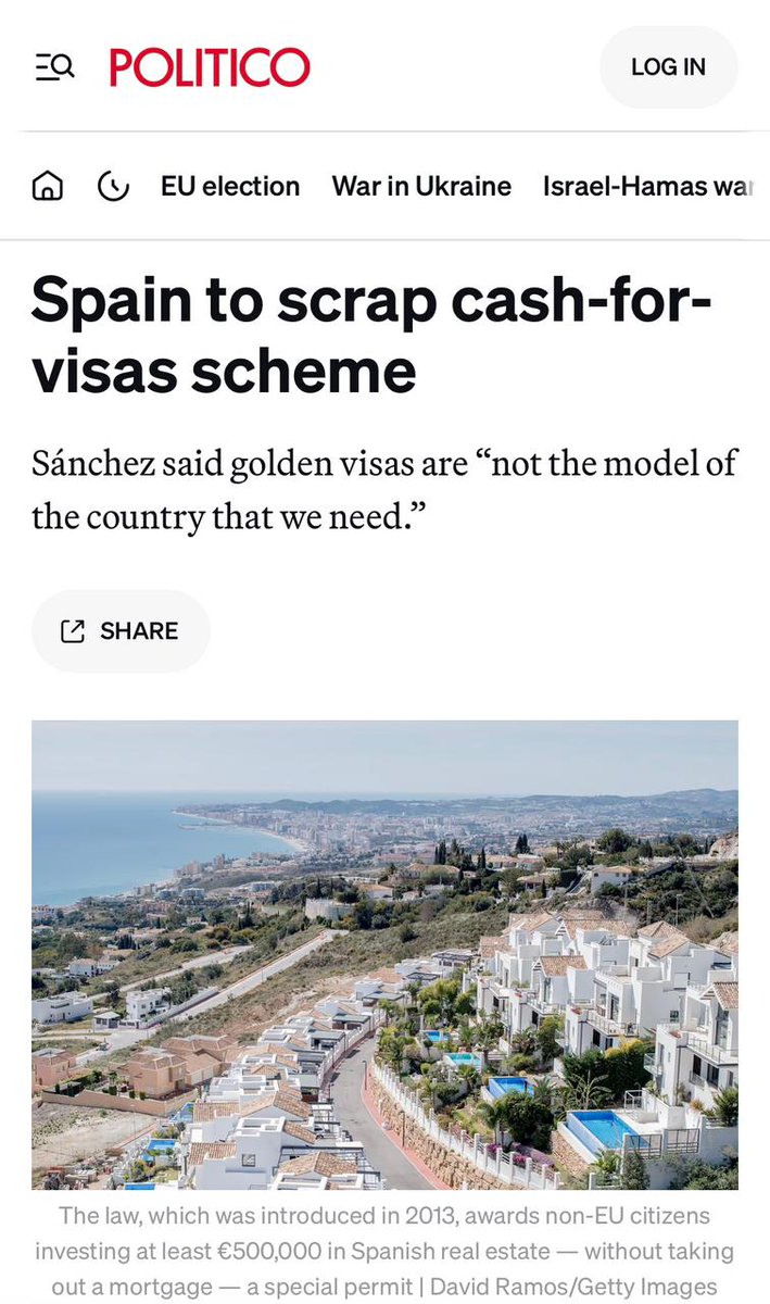 Η ραγδαία αύξηση στις τιμές των ακινήτων οδήγησε στην απόφαση της κυβέρνησης να καταργήσει το καθεστώς της Golden Visa.

Μην μπερδευτείτε, μιλάω για την Ισπανία και την κυβέρνηση Σάντσεθ.

Εκεί κυβερνούν οι Σοσιαλιστές με την Αριστερά βλέπετε.

Στην Ελλάδα της δεξιάς του Κυριάκου