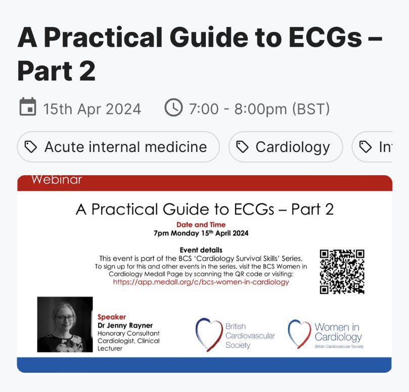 Brilliant start to our cardiology survival skills course last evening. Hundreds of medical students and foundation doctors attending from around the world and great feedback so far. Register here for “A practical guide to ECG part 2” app.medall.org/c/bcs-women-in…