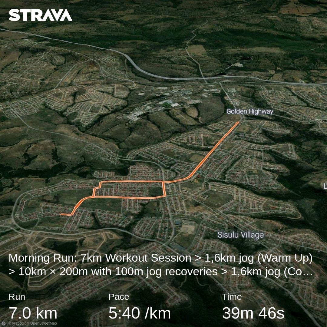 Morning Run: 7km Workout Session > 1,6km jog (Warm Up) > 10km × 200m with 100m jog recoveries > 1,6km jog (Cool Down) #TrapnLos #IPaintedMyRun 3 DAYS TO GO UNTIL @2OceansMarathon Check out my activity on Strava: strava.app.link/76ckSJSjEIb