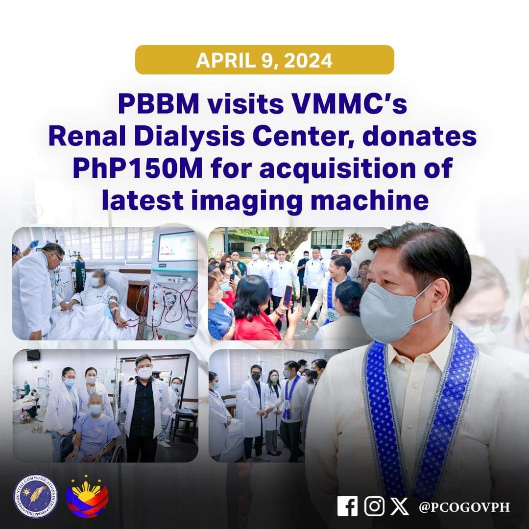 #PBBMgoodNews

Recognizing the sacrifices of Filipino war veterans and retired personnel of the AFP, President Ferdinand R. Marcos Jr. visited on Tuesday the Renal Dialysis Center of the VMMC & donated P150-M for the procurement of a Magnetic Resonance Imaging (MRI) machine.