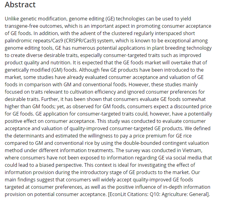 'Consumer acceptance and valuation of quality‐improved food products derived by genome editing technology. A case study of rice in Vietnam' by Nguyen Thi Hao, Seifeddine Ben Taieb, Masahiro Moritaka, Susumu Fukuda doi.org/10.1002/agr.21… @WileyEconomics @WileyBusiness