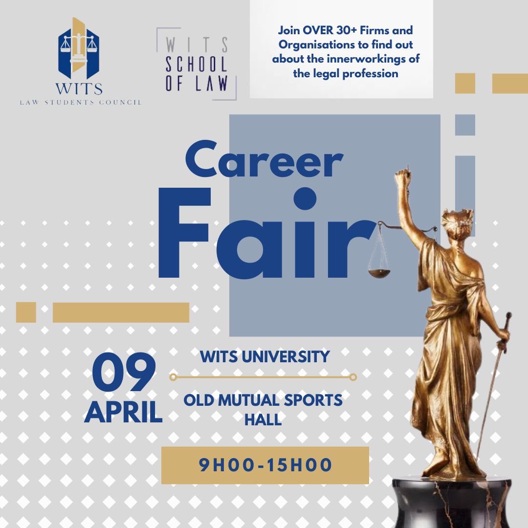 ‼️Attention Witsies, make your way to the Old Mutual Sports Hall for the Career Fair. Explore opportunities with over 30 firms and organisations to gain insights into the legal profession's inner workings. Time: 09:00-15:00 #WitsForGood