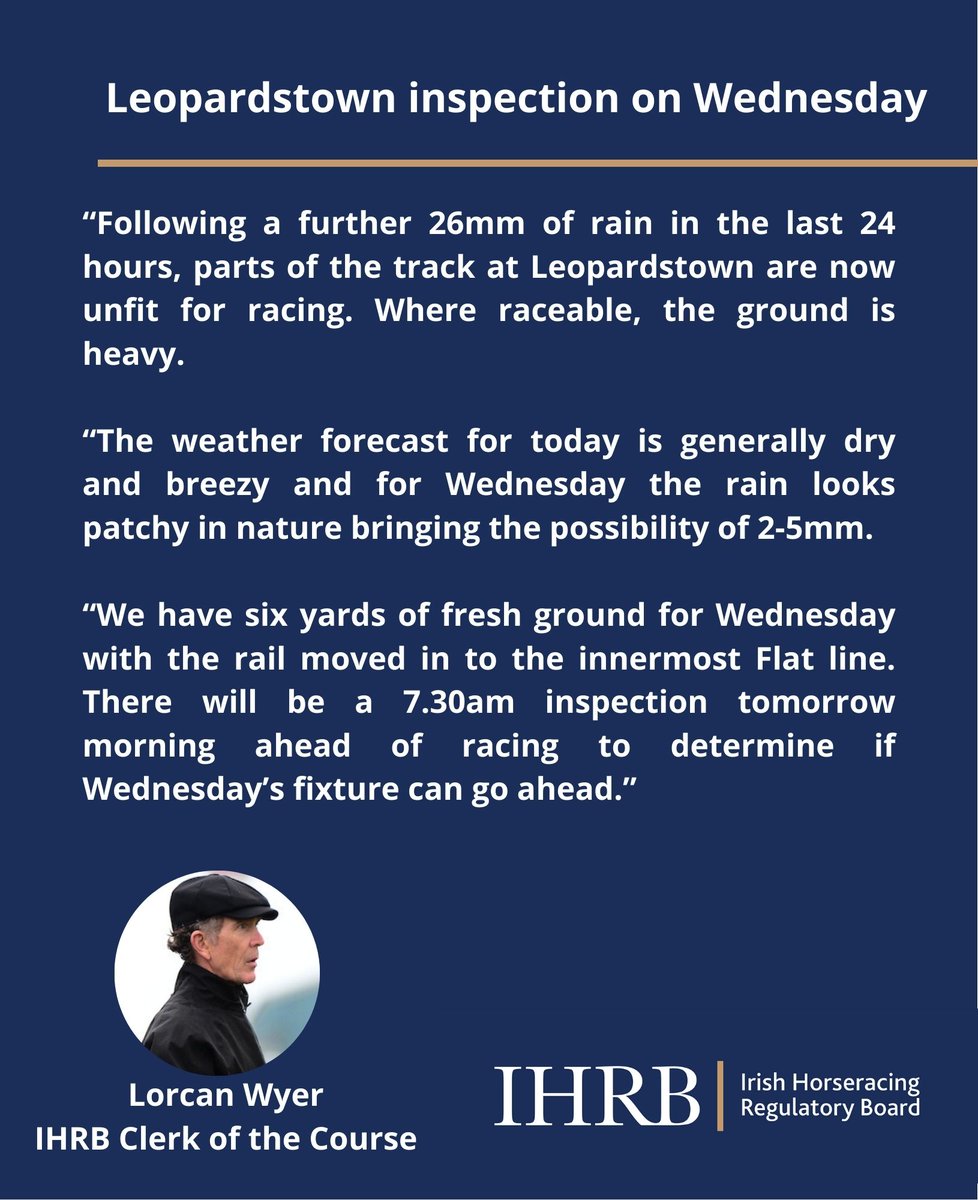 ⚠️ There will be a 7.30am inspection on Wednesday at @LeopardstownRC Details following the inspection will be on @IHRBRaceday