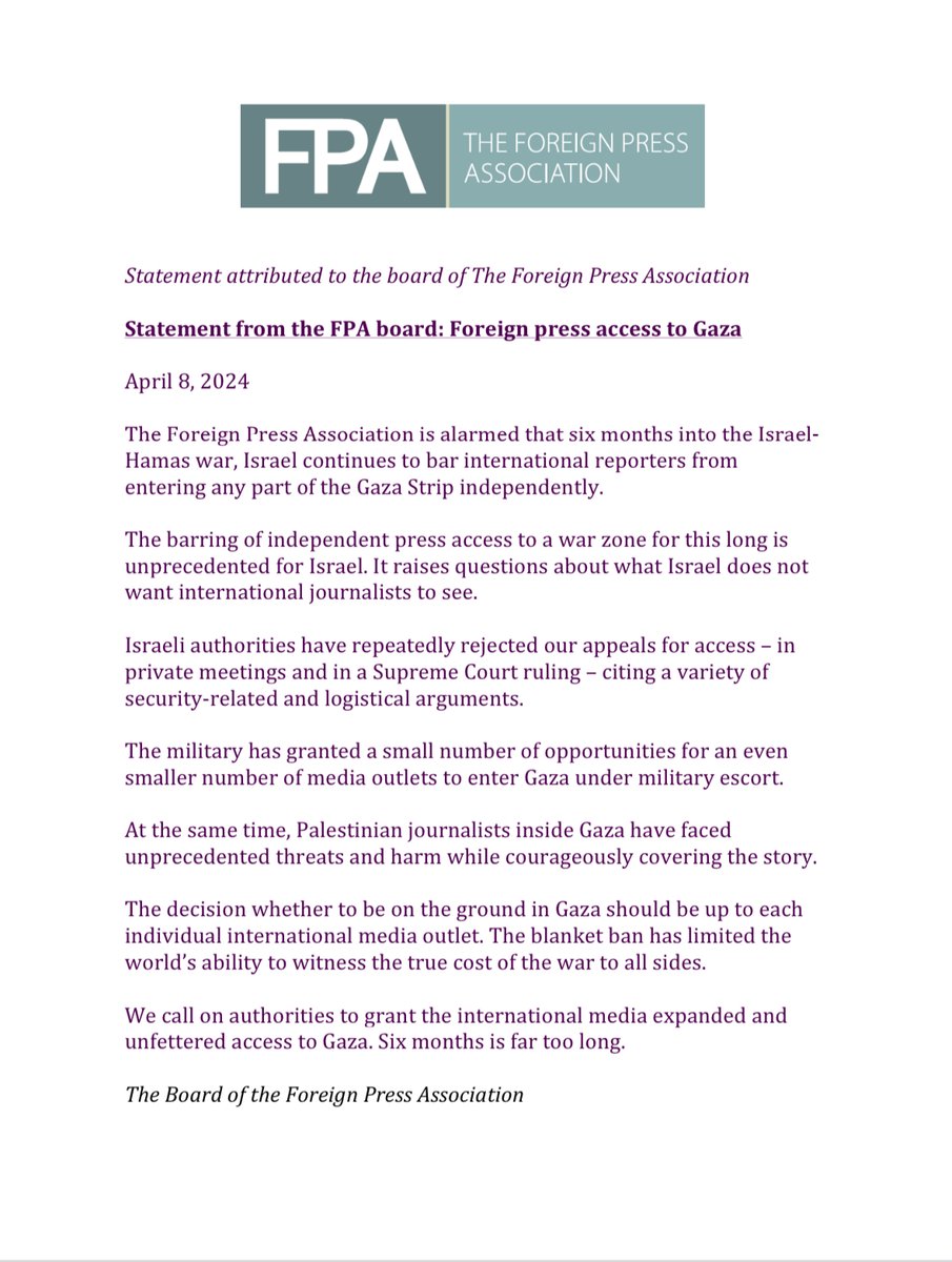 FPA statement regarding 6 months of no access to Gaza for foreign journalists