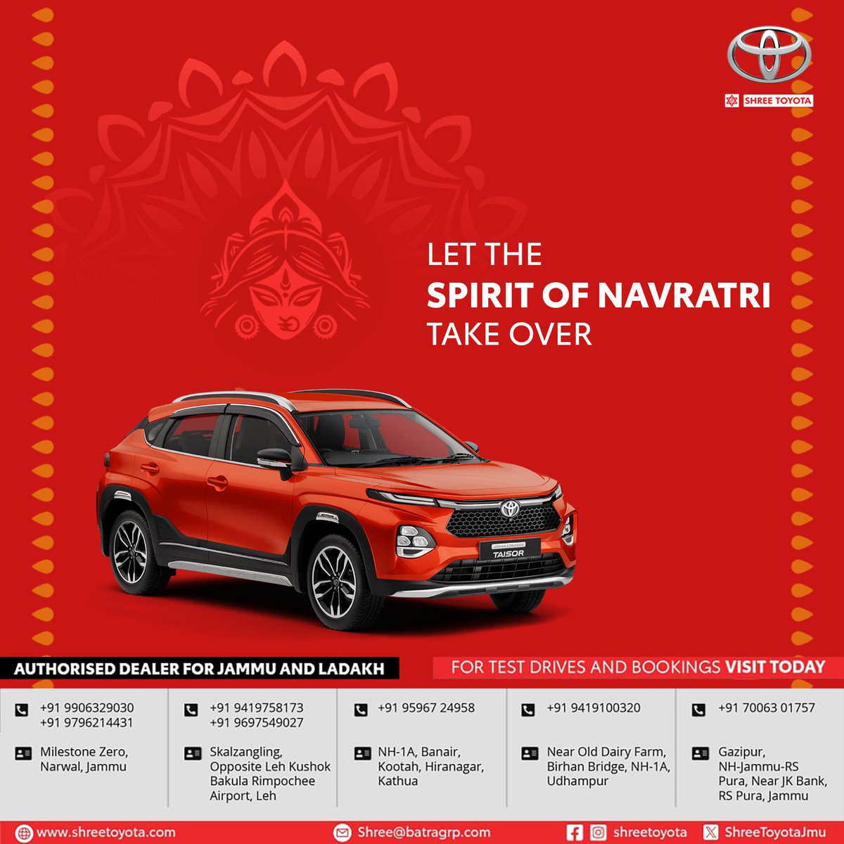 Embrace the festive fervor as you drive into nine nights of joy and abundance. Wishing you a very #HappyNavratri.

#ShreeToyota
#ToyotaIndia
#Jammu
#Ladakh