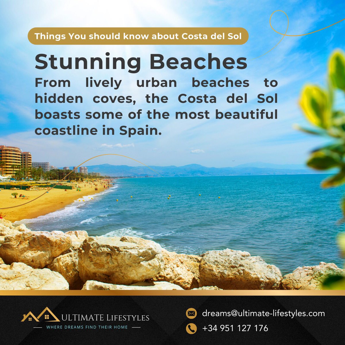 Dive into the beauty of Costa del Sol's stunning beaches! 

Contact us today or explore our properties: eu1.hubs.ly/H08vckR0 

P: +34 951 127 176 
E: dreams@ultimate-lifestyles.com 
W: eu1.hubs.ly/H08vcjR0 

 #UltimateLifestyles #DreamHomesInSpain #LuxuryRealEstate