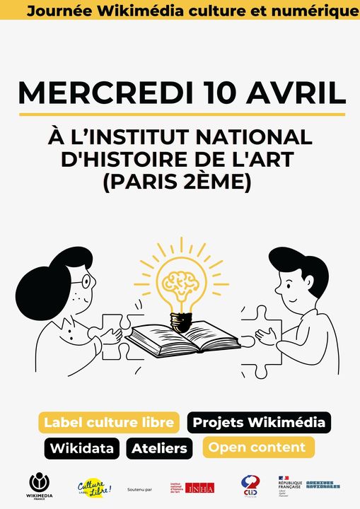 📅Rendez-vous le 10 avril pour la journée Culture et numérique de <a href="/Wikimedia_Fr/">Wikimédia France</a>  à l’ <a href="/INHA_Fr/">INHA</a> 
👉Découvrez le programme : shorturl.at/npH49