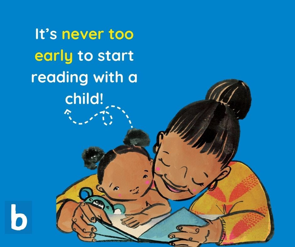 You can read with your baby too. Just playing with the book itself, or looking at different pictures together, is a great start to developing a child’s love for reading! Find downloadable books to read with your children at bookdash.org/books #everychild100books #bookdash