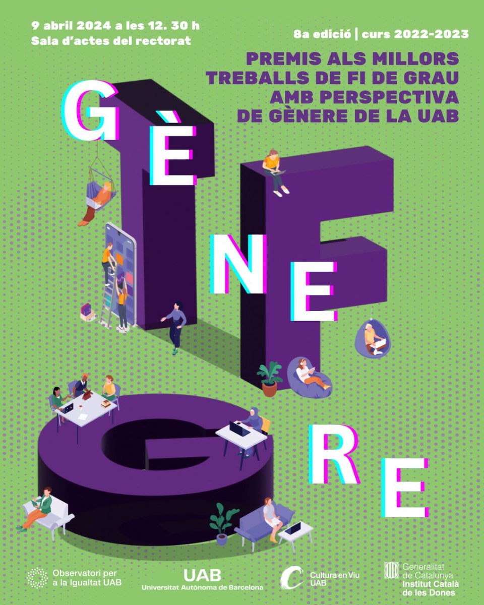 Avui, l'@Observatori_UAB lliura els premis als millors TFG amb perspectiva de gènere. 🕖 12.30 h 📌 Sala d'actes del Rectorat #UAB @culturaenviuUAB @icdones