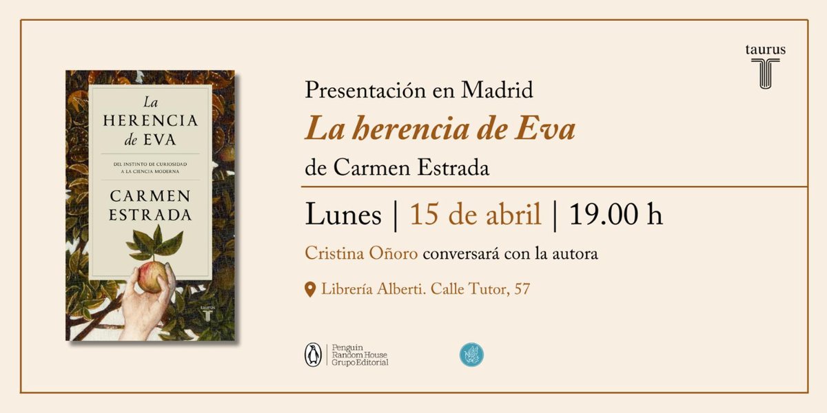 Apuntad en vuestra agenda ⬇️ 🗓️ Lunes 15 de abril ⏰ 19h 📖 Carmen Estrada presenta «La herencia de Eva» junto a @crisonor 📍 @LibreriaAlberti #LaHerenciaDeEva #Madrid
