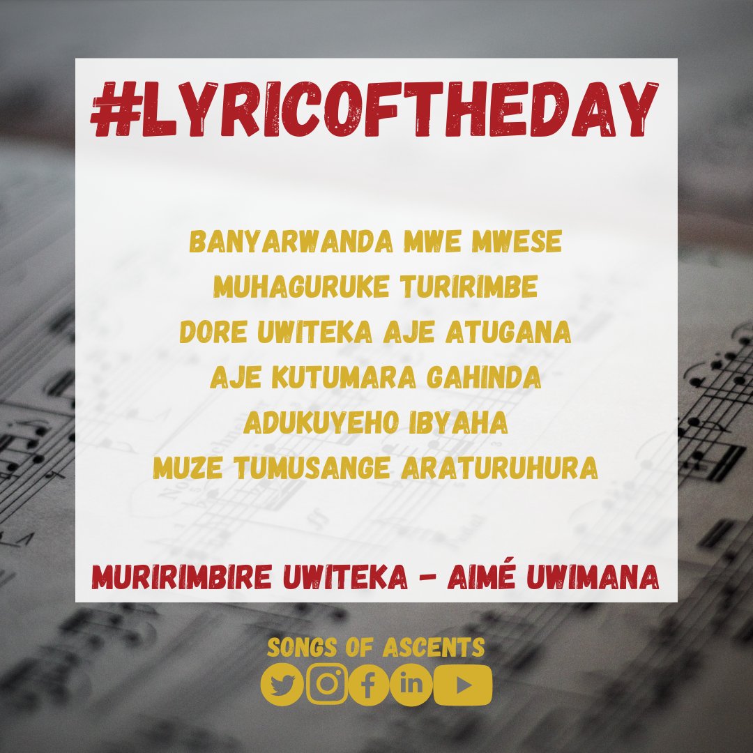 'Banyarwanda mwe mwese
Muhaguruke turirimbe
Dore uwiteka aje atugana
Aje kutumara gahinda
Adukuyeho ibyaha
Muze tumusange araturuhura'

Muririmbire Uwiteka - Aimé Uwimana

#Lyricoftheday
#lyricsoftheday 
#lyricoftheday🎶 
#lyricoftheday🎵 
#songsofascents