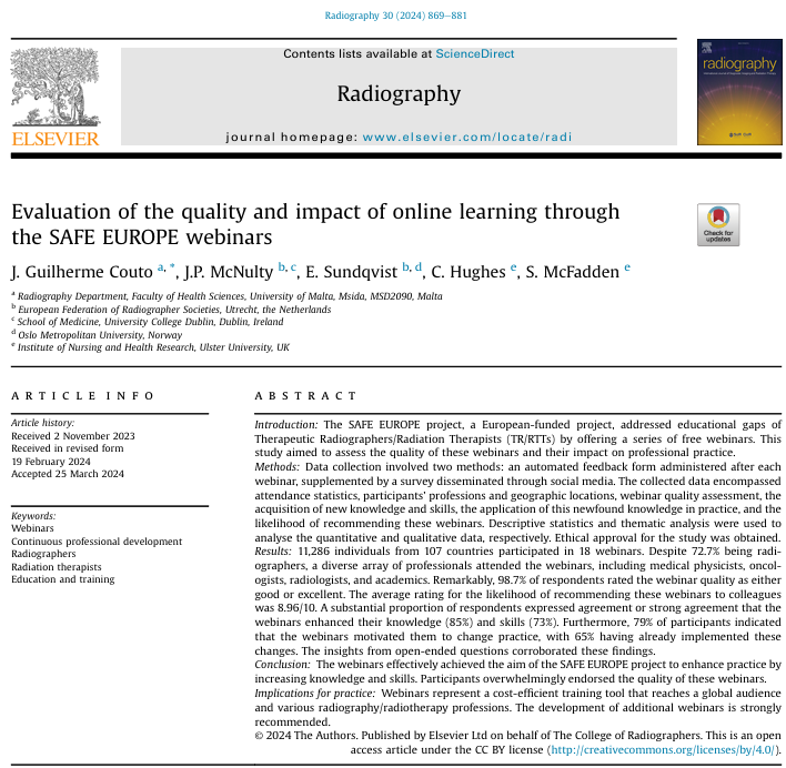 The latest @SAFEEurope1 project article which evaluates the impact of our webinar series which reached 11,286 individuals across 107 countries has just been published in @RadiographyJour! authors.elsevier.com/sd/article/S10… @EFRadiographerS @jguilhermecouto @ProfCiaraHughes @sonyia_mc