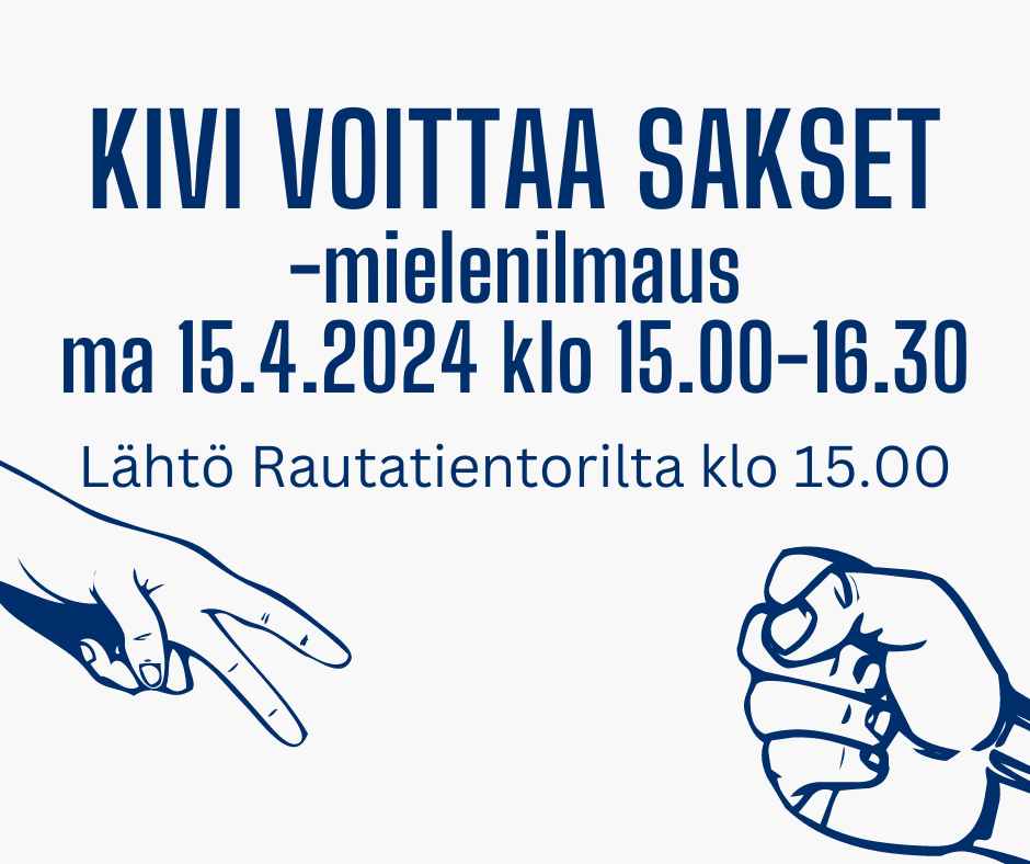 15.4. Kivi voittaa sakset -mielenilmaus - kaikki mukaan luovien alojen puolesta! 

Tarkemmat osallistumisohjeet löydät täältä:
sunklo.fi/2024/04/04/kut…