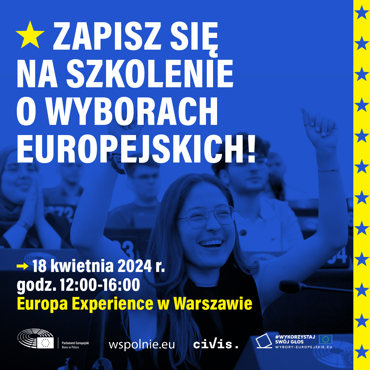 🚨🇪🇺  Już 18 kwietnia zapraszamy na szkolenie na temat #wyboryeuropejskie2024 dla młodzieży ze społeczności #wspolnieeu! Szkolenie odbędzie się w centrum Europa Experience - Spotkania z Europą w Warszawie.

🔔 Szczegóły i REJESTRACJA: wspolnie.eu/pl/event/warsz…

#WykorzystajSwójGłos