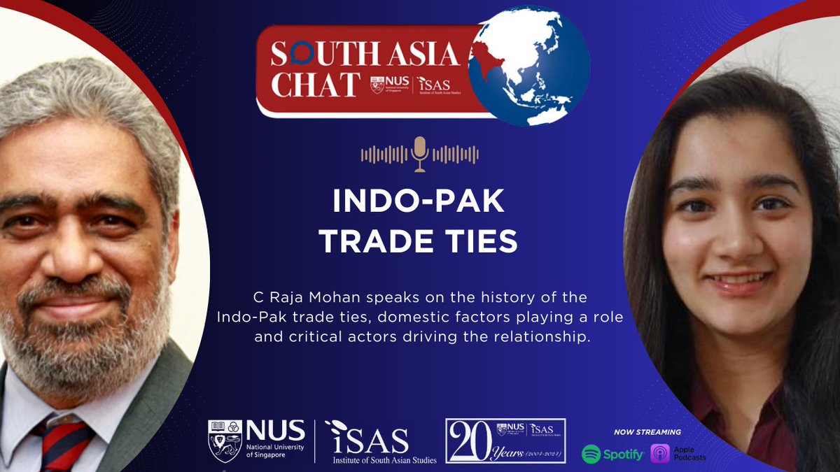 In our latest episode, @MohanCRaja and @Devyani_chat discuss the history of Indo-Pak trade, domestic factors playing a role, and critical actors driving the relationship. isas.podbean.com/e/episode-239-…