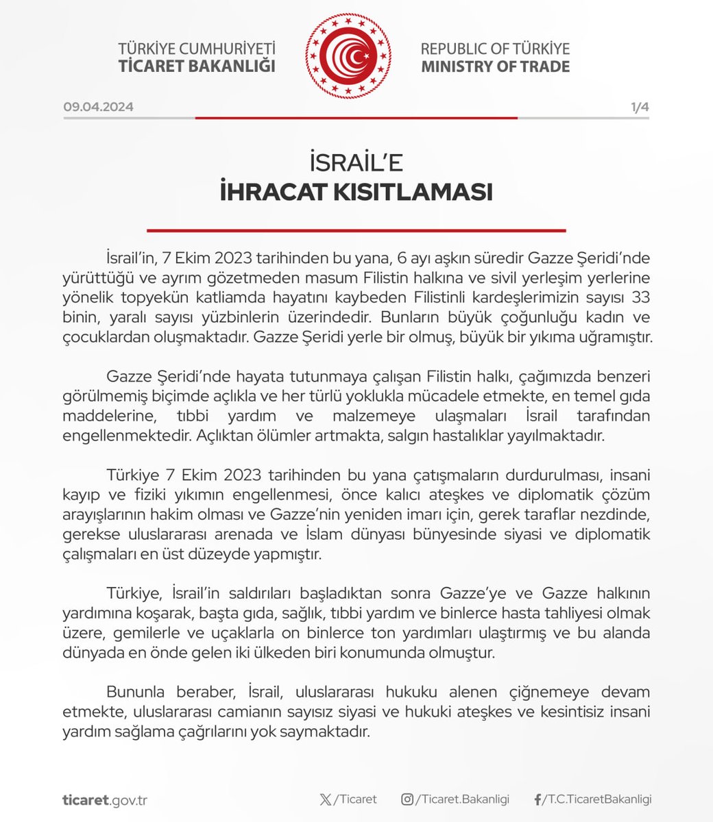 #SONDAKİKA Ticaret bakanlığı İsrail'e İhracat Kısıtlaması getirildiğini duyurdu!