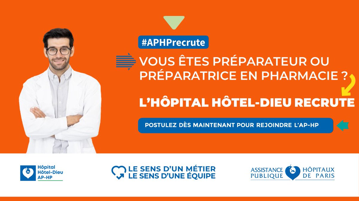 #APHPRecrute | Vous êtes Préparateur ou Préparatrice en pharmacie et en recherche de poste ? L’hôpital Hôtel-Dieu recrute, rejoignez-nous ! 
👉🏼 Pour postuler : shorturl.at/BQSV0
#mardirecrutement #aphp #recrutement #TeamHôtelDieu