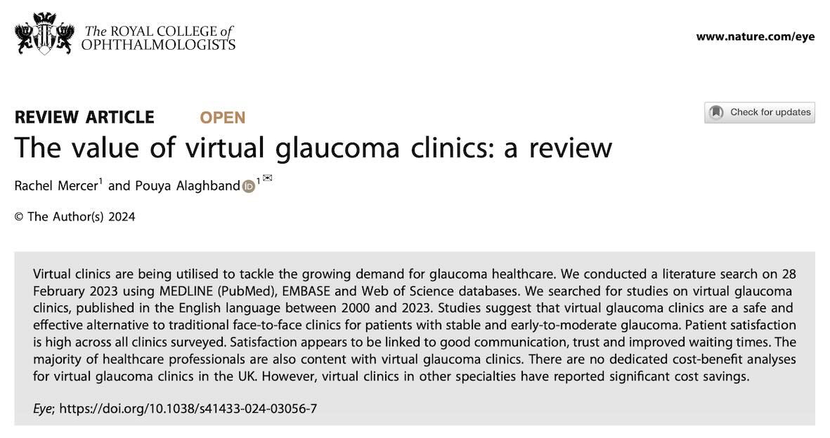 The evidence indicates that virtual #glaucoma clinics are efficient, safe and cost-effective way to improve efficiency without compromising patient or health care professional satisfaction or safety. Read #OpenAccess here: nature.com/articles/s4143… #Ophthalmology #FOAMed