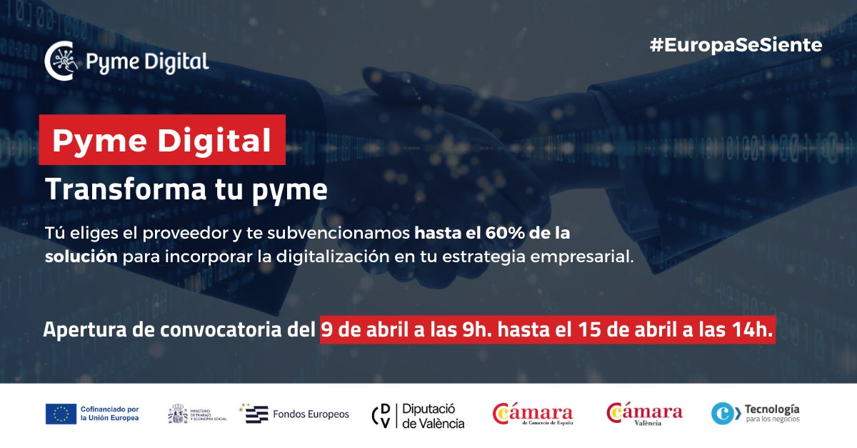 TICnegociosVLC's tweet photo. 📣 ¿Quieres #digitalizar tu pyme?
Esto te interesa 👇
¡Se acaba de abrir la convocatoria de la ayuda #PymeDigital! 💸
⏱️ Tenéis hasta el 15 de abril a las 14:00h para solicitarlas
Mañana haremos un webinar donde te contaremos TODO sobre estas ayudas
👉🏻 https://t.co/qGrFXv7GyV https://t.co/95Gcicx7D4