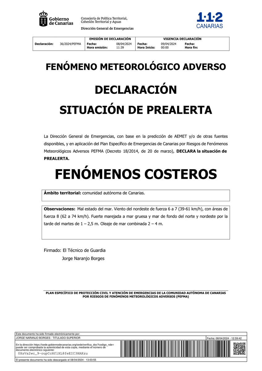 #Alerta La Dirección General de Emergencias del @PresiCan declara la situación de alerta por vientos en 11 municipios (las zonas costeras y del interior de la isla) y prealerta por fenómenos costeros. Extremen las precauciones y sigan las recomendaciones de seguridad.