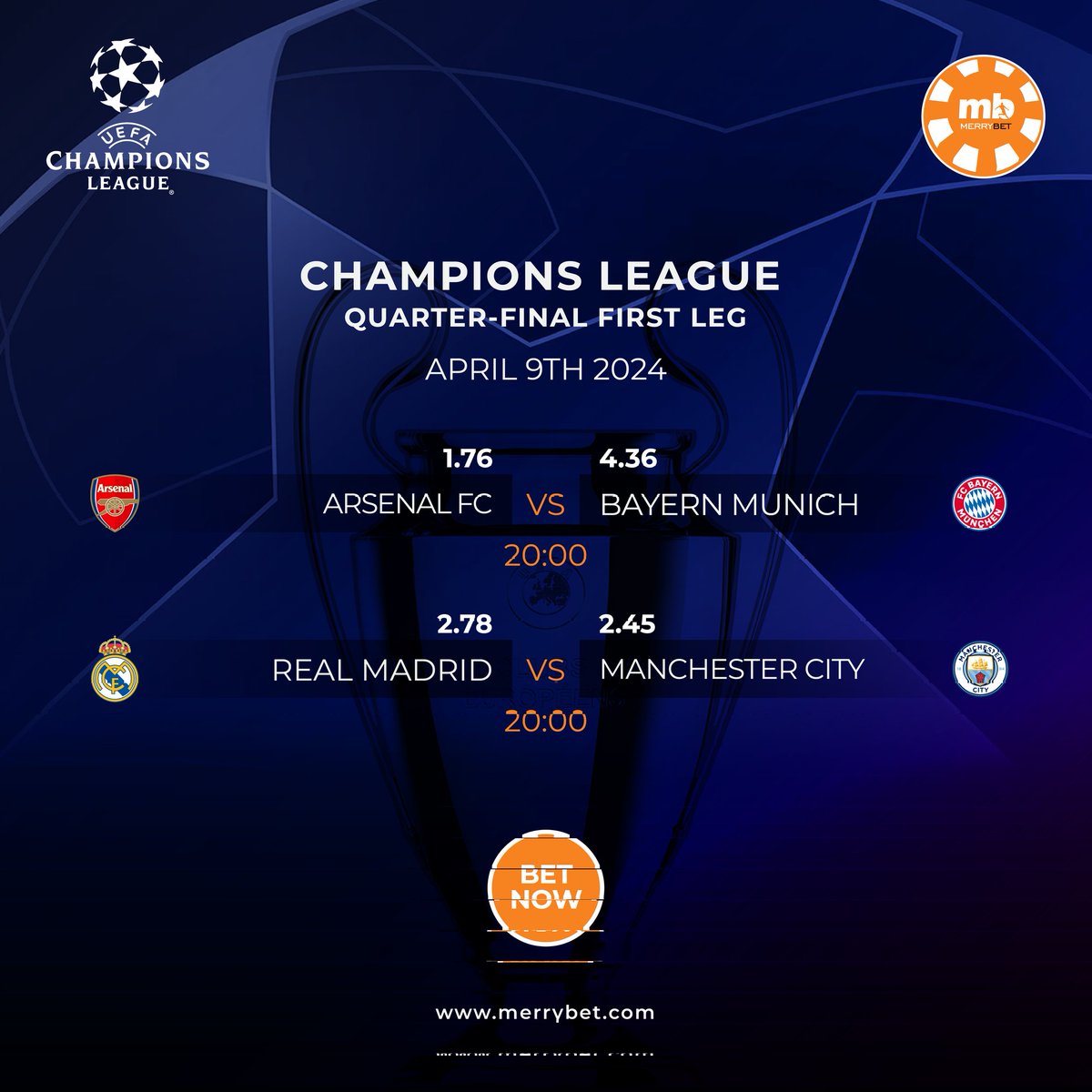 🚨 UEFA Champions League football is back tonight! 🔥 Epic clashes ahead; ⚽️ #Arsenal vs #BayernMunich ⚽️ #RealMadrid vs #ManCity Champs, which teams are you backing? 🤔 #BetNow #ChampionsLeague #ARSBAY #RMAMCI #UCL #Merrybet #whereChampionsplay