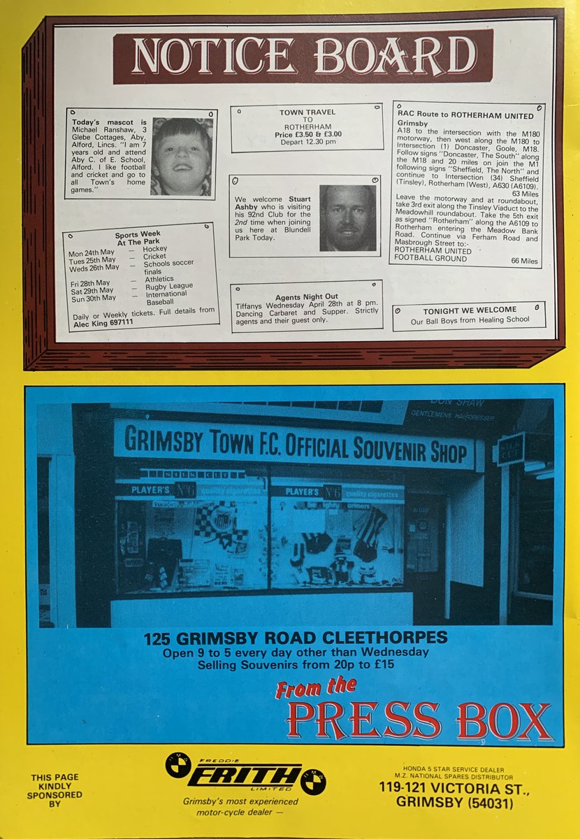 9th April 1982 - Grimsby v Barnsley 3-2 win with goals from Whymark, K Moore and Waters. Some good local names on the Pointometer and Sponsorkit, the mascot is 49 year old Michael Ranshaw from Alford. Souvenir shop on Grimsby Road. 😍 #GTFC