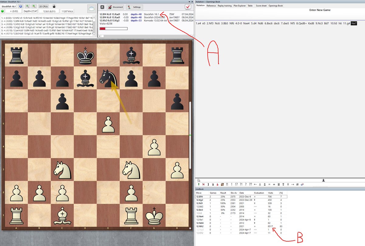 An example of why is LiveBook useful

Let's take a position from the 4th round game between Nepo and Vidit. We have a position before Ian's 12.Nh2 is played.

A - not relevant in this position because it is 0.00 virtually everywhere but you can see that someone analyzed this…